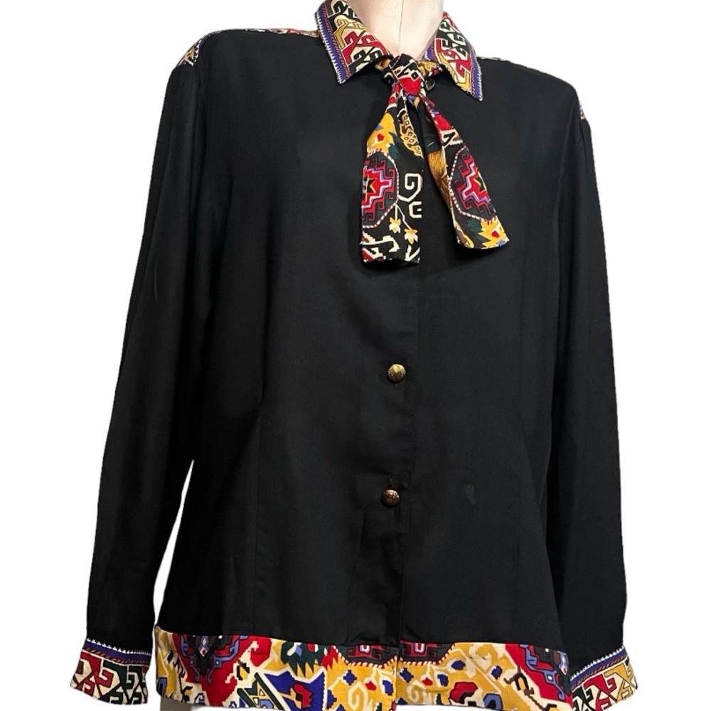 Vintage SK & Company Black with Multi Color Tribal Print Long Sleeve Blo… - Picture 11 of 17